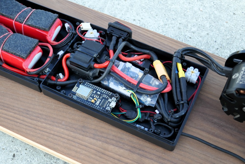 The opened enclosure of the the electric board with all (power) electronics and batteries