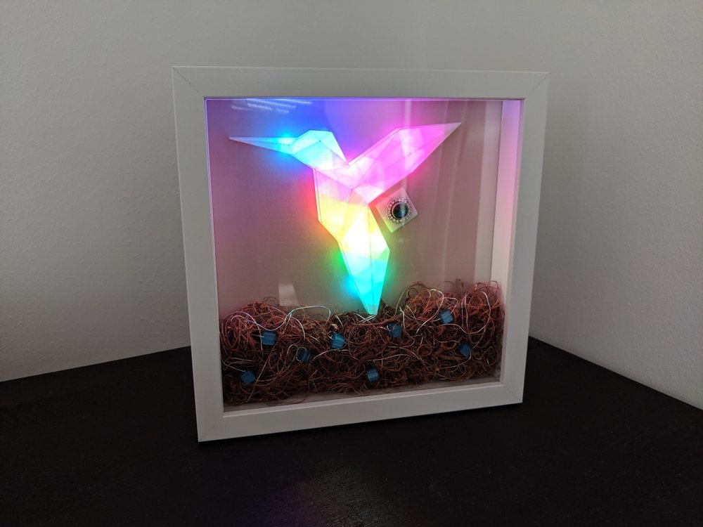 The final design LED hummingbird creation running a rainbow animation